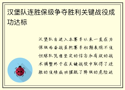 汉堡队连胜保级争夺胜利关键战役成功达标